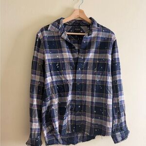 Guess Paint Splatter Distressed Purple Plaid Shirt with Pink and Yellow Accents